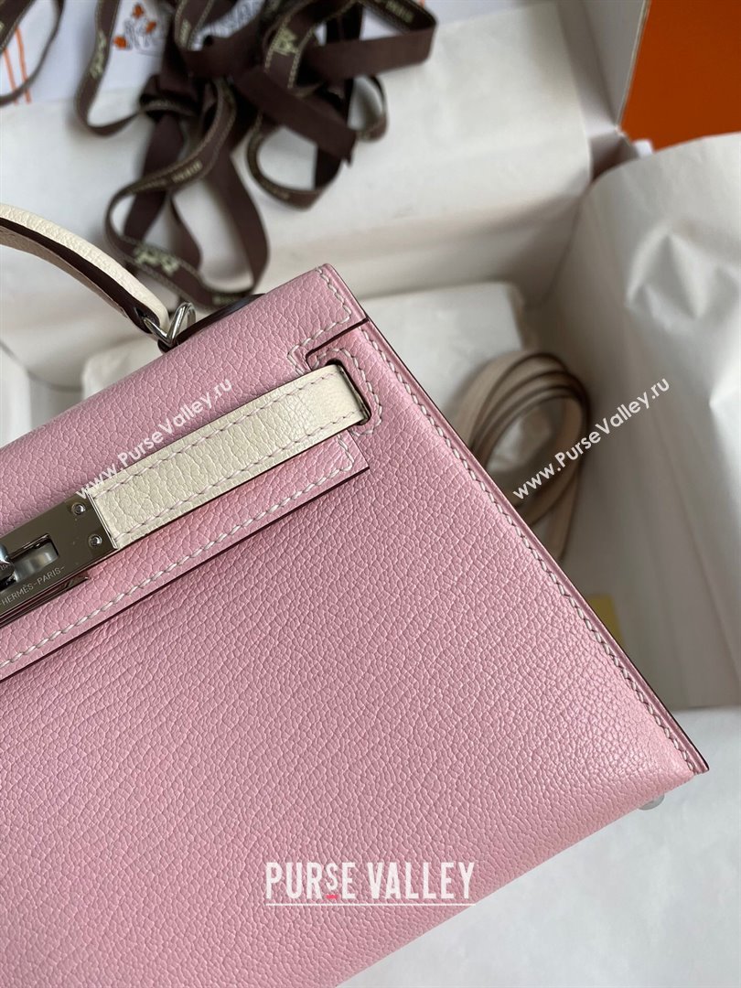 Hermes Mini Kelly II Bag 19cm in Original Chevre Leather 3Q Pink/Cream White/Silver 2024 (XYA-24022921)