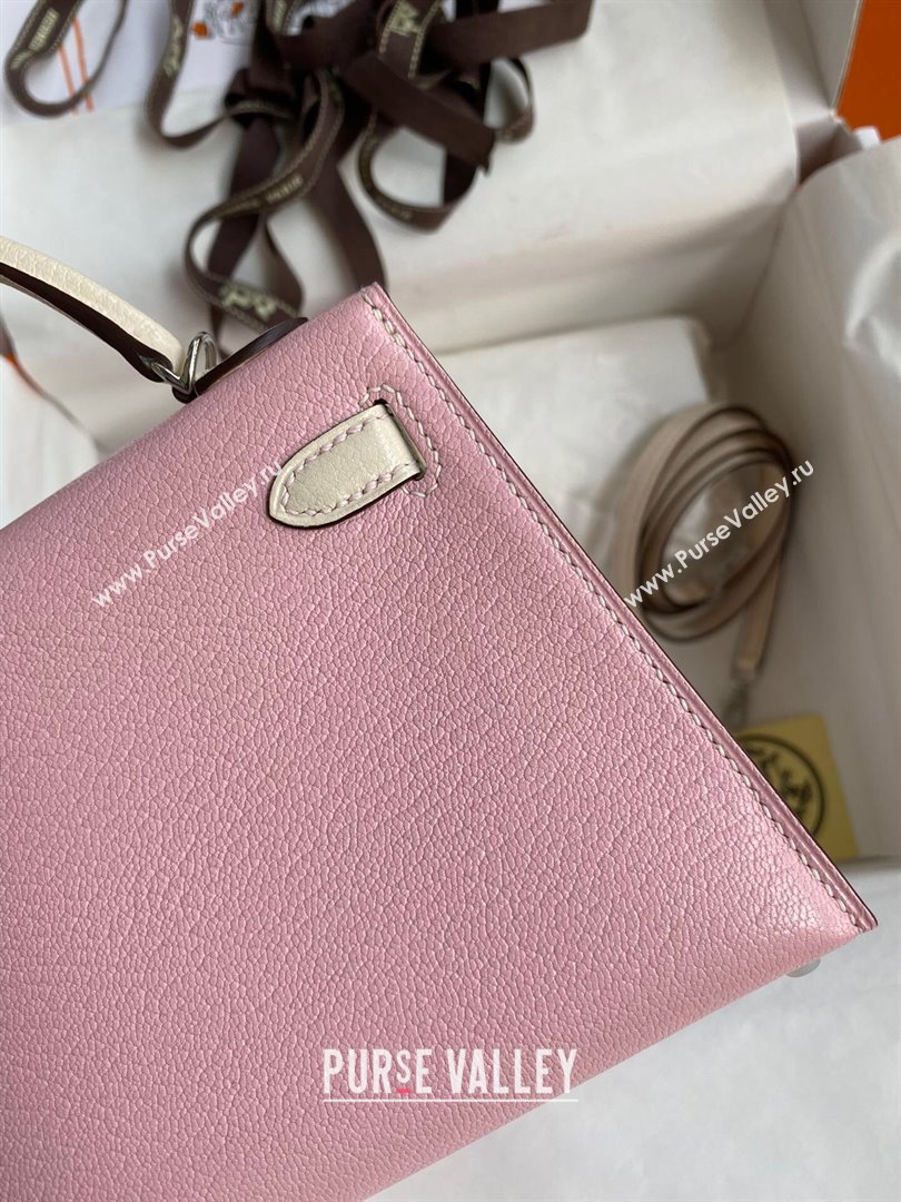 Hermes Mini Kelly II Bag 19cm in Original Chevre Leather 3Q Pink/Cream White/Silver 2024 (XYA-24022921)