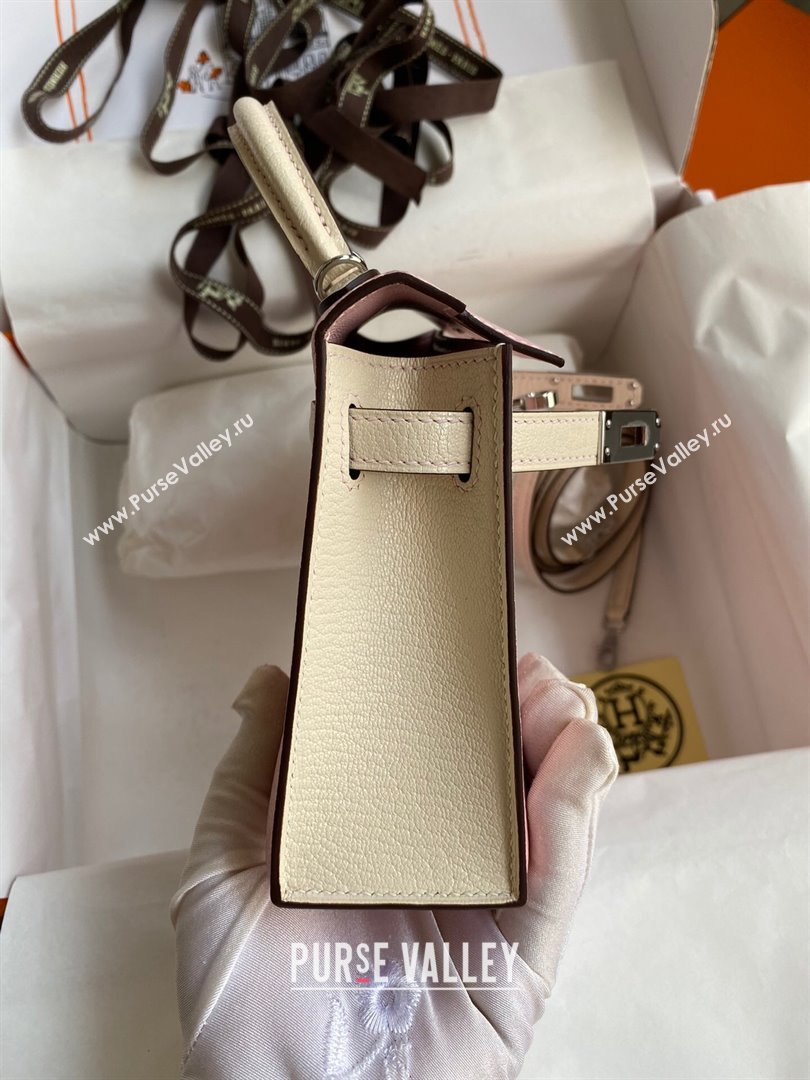 Hermes Mini Kelly II Bag 19cm in Original Chevre Leather 3Q Pink/Cream White/Silver 2024 (XYA-24022921)
