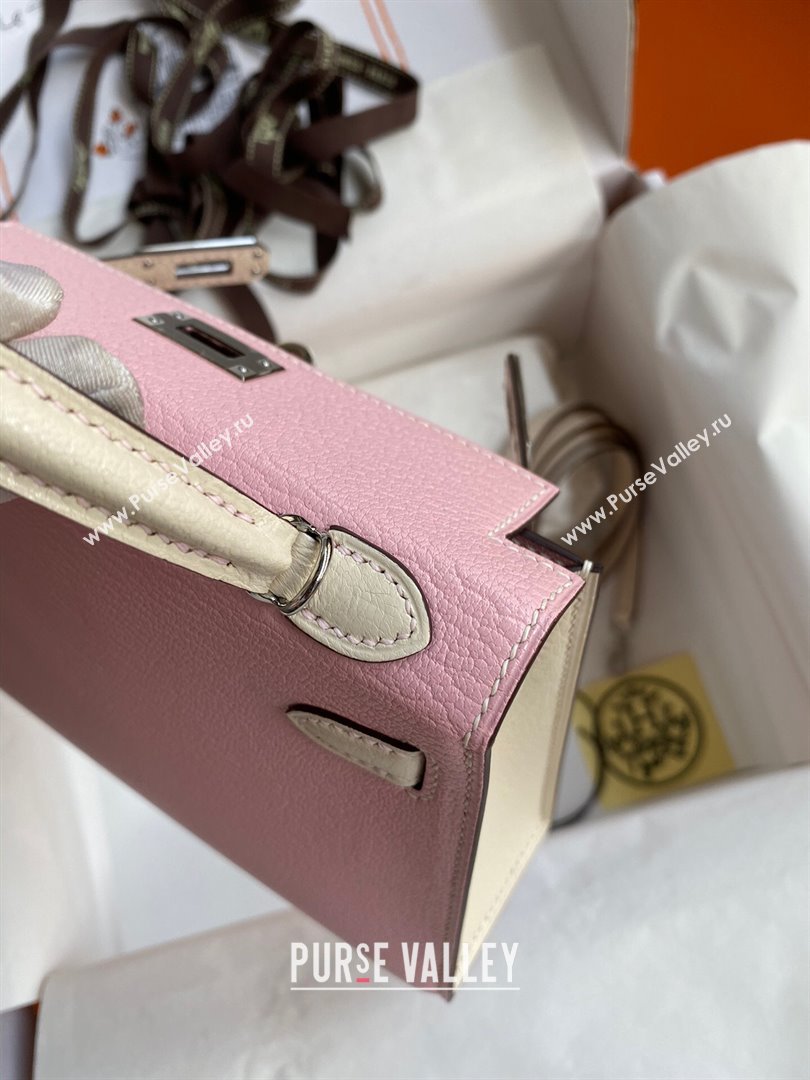 Hermes Mini Kelly II Bag 19cm in Original Chevre Leather 3Q Pink/Cream White/Silver 2024 (XYA-24022921)