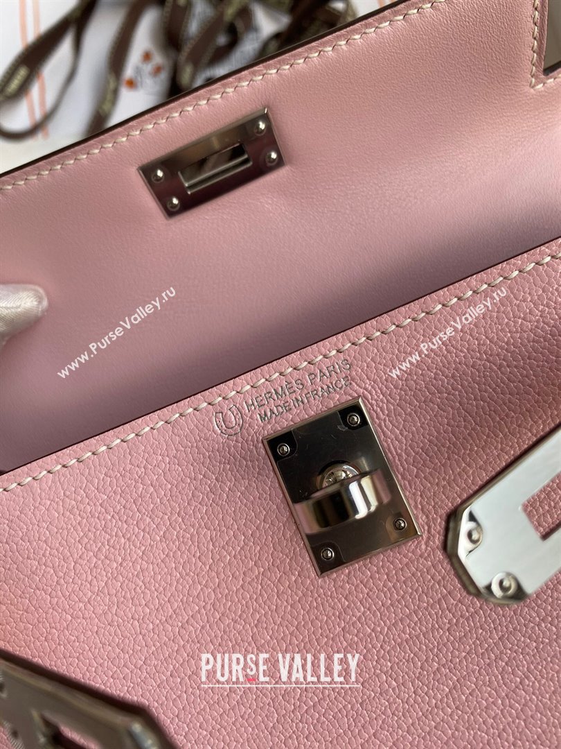 Hermes Mini Kelly II Bag 19cm in Original Chevre Leather 3Q Pink/Cream White/Silver 2024 (XYA-24022921)