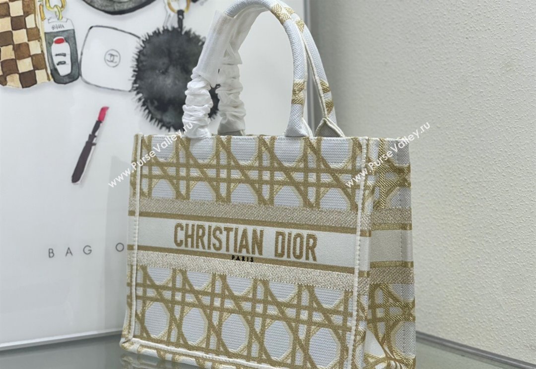 Dior Medium Book Tote Bag in White and Gold Macrocannage Embroidery 2024 (BF-240312059)