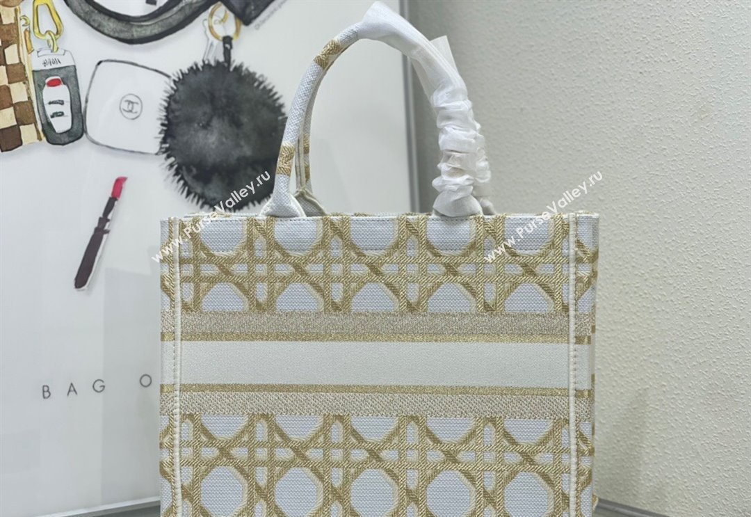 Dior Medium Book Tote Bag in White and Gold Macrocannage Embroidery 2024 (BF-240312059)