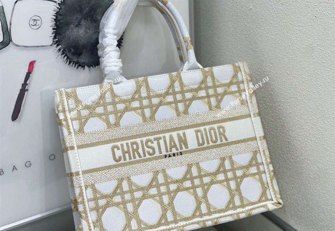Dior Medium Book Tote Bag in White and Gold Macrocannage Embroidery 2024 (BF-240312059)
