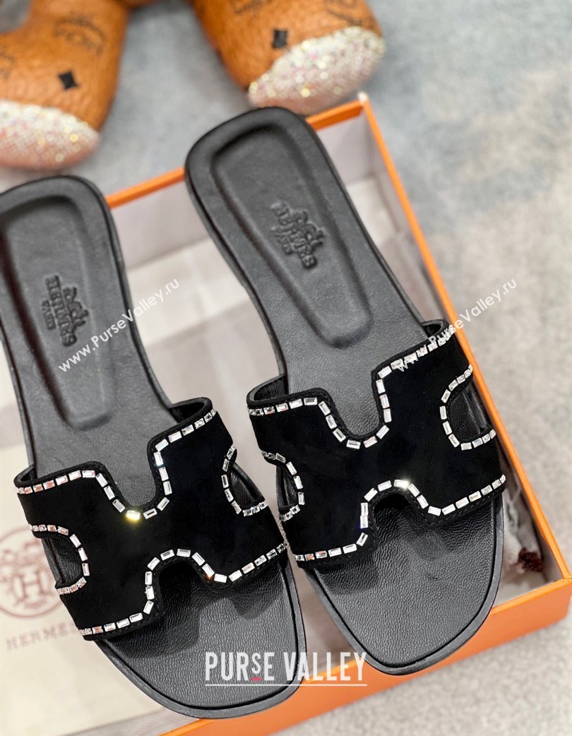 Hermes Oran Classic Flat Slides Sandal in Suede with Strass Black 2025 H02271 (MD-250227005)