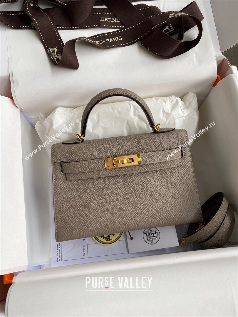 Hermes Mini Kelly II Bag 19cm in Original Epsom Leather Bituminous Grey/Gold 2024 (Full Handmade) (XYA-24022926)