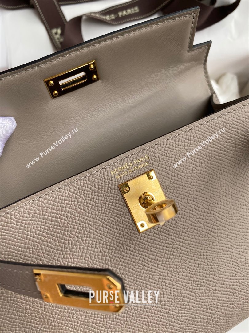 Hermes Mini Kelly II Bag 19cm in Original Epsom Leather Bituminous Grey/Gold 2024 (Full Handmade) (XYA-24022926)