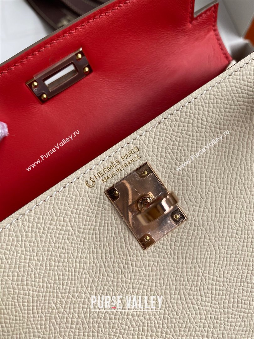 Hermes Mini Kelly II Bag 19cm in Original Epsom Leather Milk Shake White/Red/Gold 2024 (Full Handmade) (XYA-24022928)