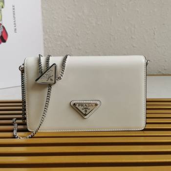 Prada Brushed Leather Shoulder Bag with Triangle logo Chain 1BD307 White 2021 (YZ-21090854)