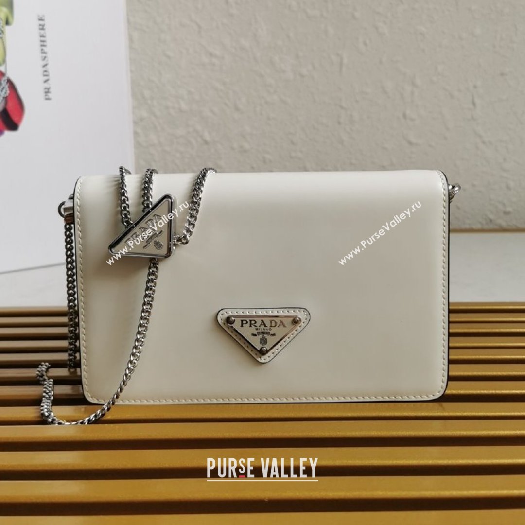 Prada Brushed Leather Shoulder Bag with Triangle logo Chain 1BD307 White 2021 (YZ-21090854)