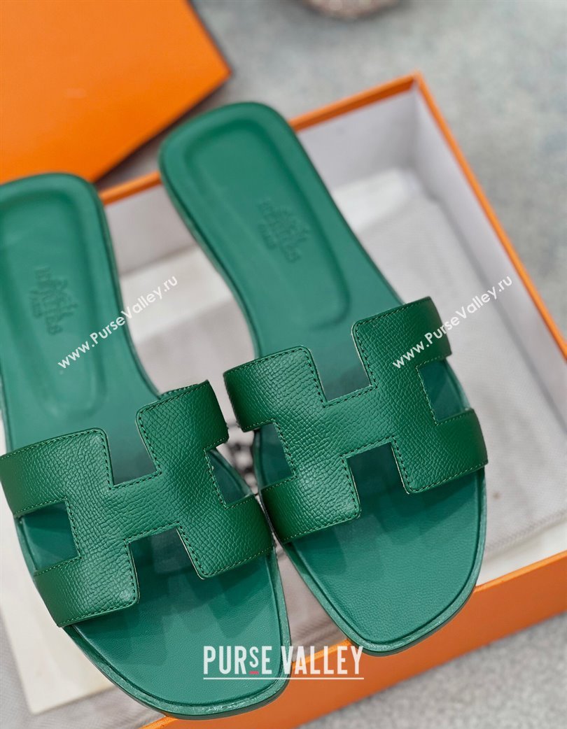 Hermes Oran Classic Flat Slides Sandal in Epsom Leather Dark Green 2025 H02272 (MD-250227012)