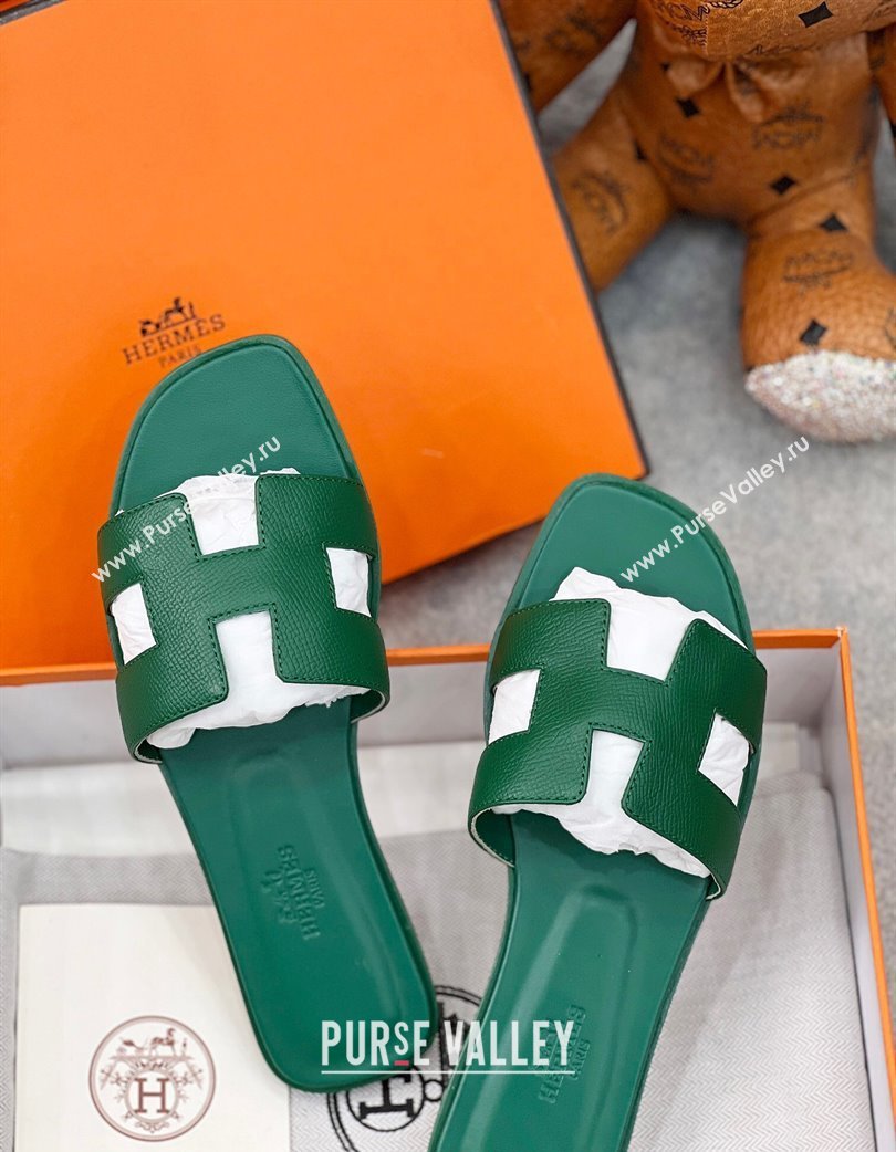 Hermes Oran Classic Flat Slides Sandal in Epsom Leather Dark Green 2025 H02272 (MD-250227012)