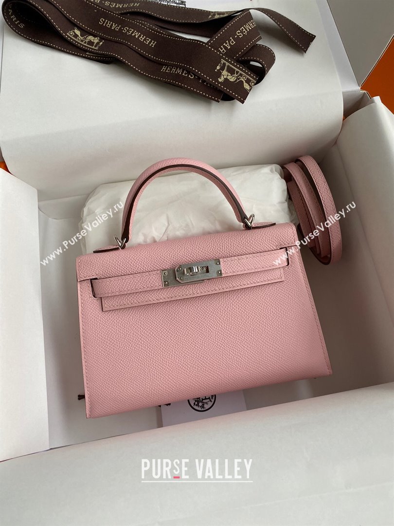 Hermes Mini Kelly II Bag 19cm in Original Epsom Leather 3Q Pink/Silver 2024 (Full Handmade) (XYA-24022929)