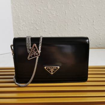 Prada Brushed Leather Shoulder Bag with Triangle logo Chain 1BD307 Black 2021 (YZ-21090855)