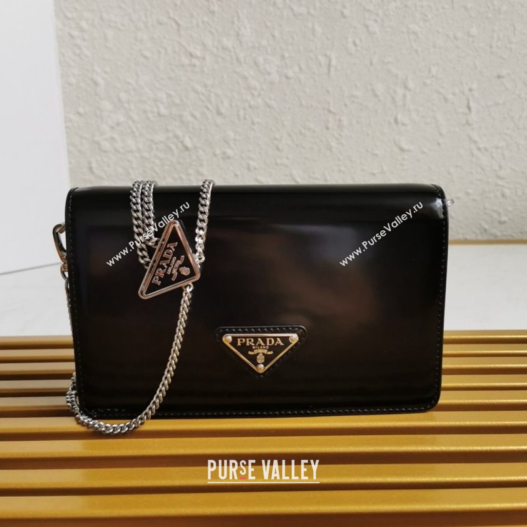 Prada Brushed Leather Shoulder Bag with Triangle logo Chain 1BD307 Black 2021 (YZ-21090855)