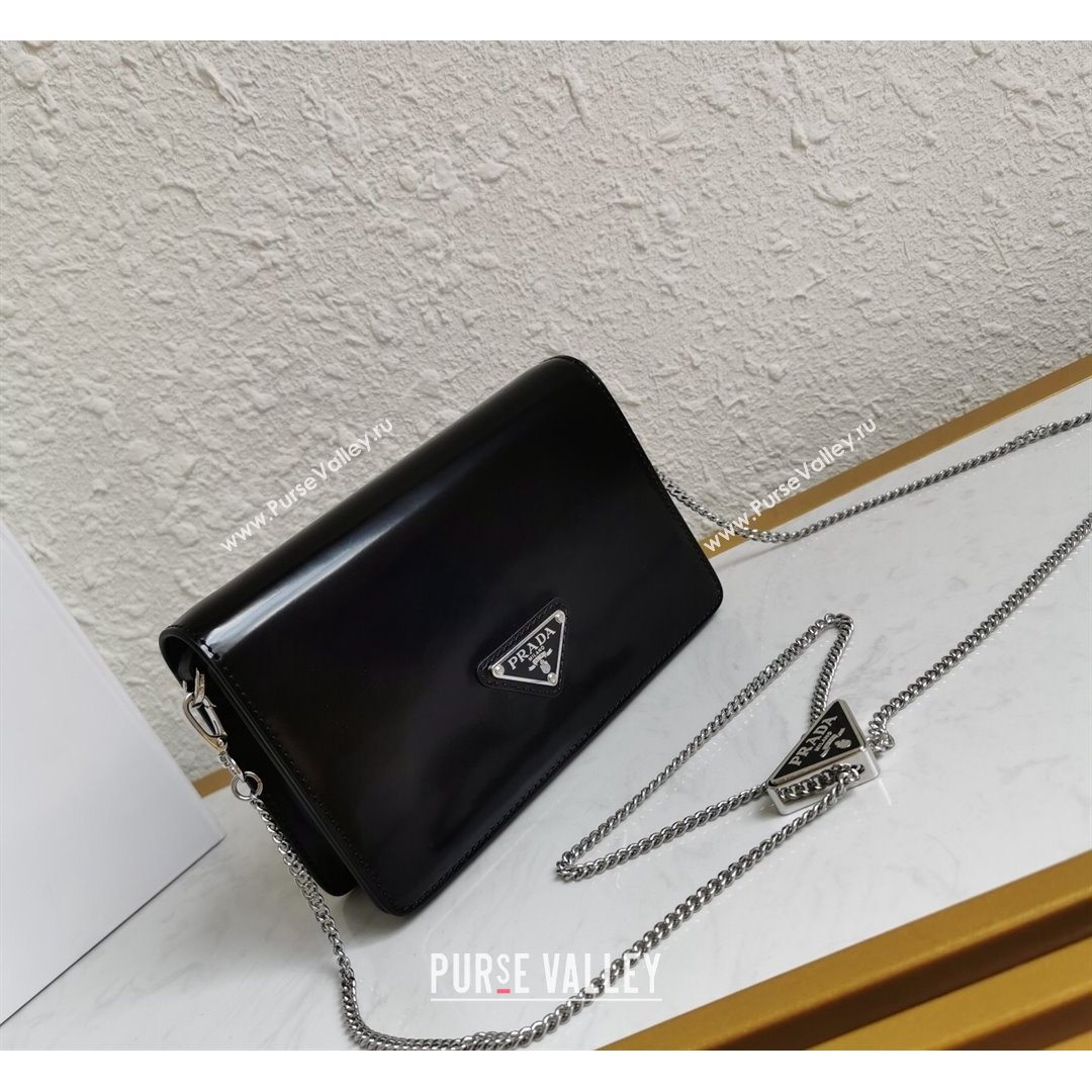 Prada Brushed Leather Shoulder Bag with Triangle logo Chain 1BD307 Black 2021 (YZ-21090855)