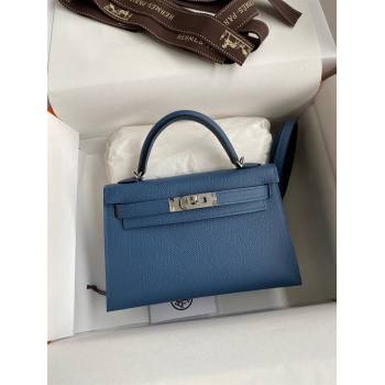 Hermes Mini Kelly II Bag 19cm in Original Epsom Leather Agate Blue/Silver 2024 (Full Handmade) (XYA-24022930)