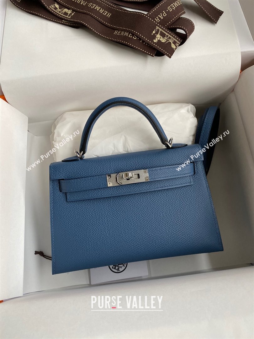 Hermes Mini Kelly II Bag 19cm in Original Epsom Leather Agate Blue/Silver 2024 (Full Handmade) (XYA-24022930)