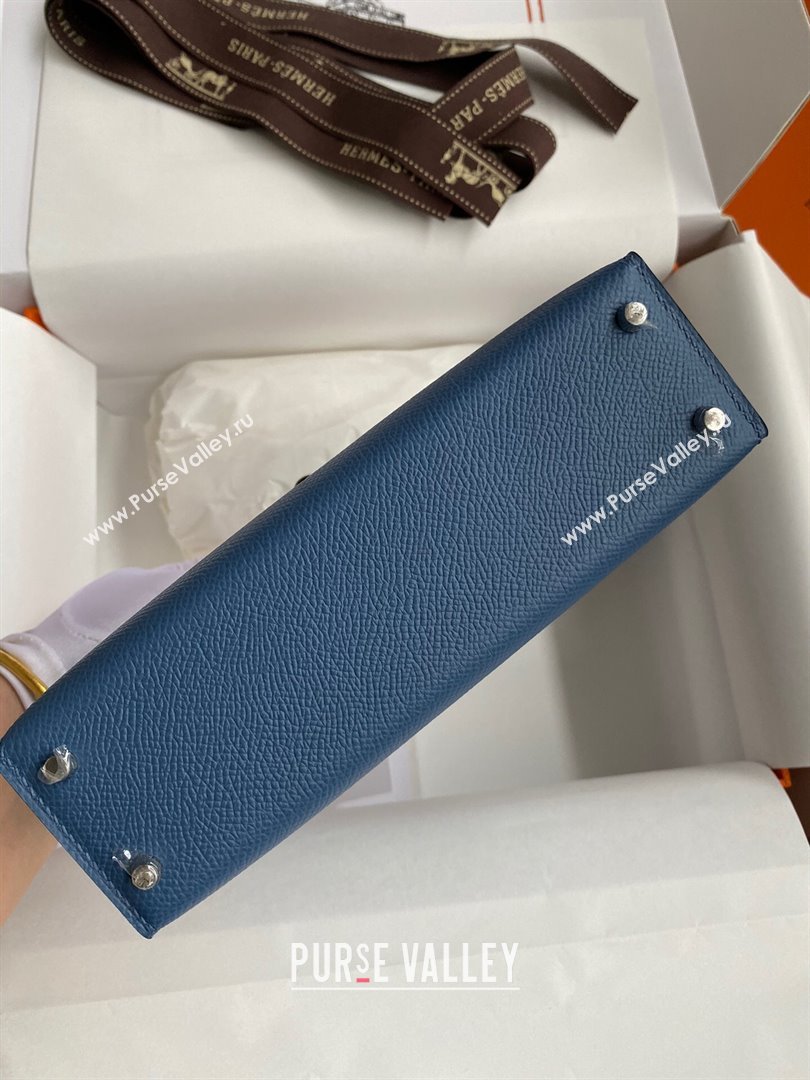 Hermes Mini Kelly II Bag 19cm in Original Epsom Leather Agate Blue/Silver 2024 (Full Handmade) (XYA-24022930)