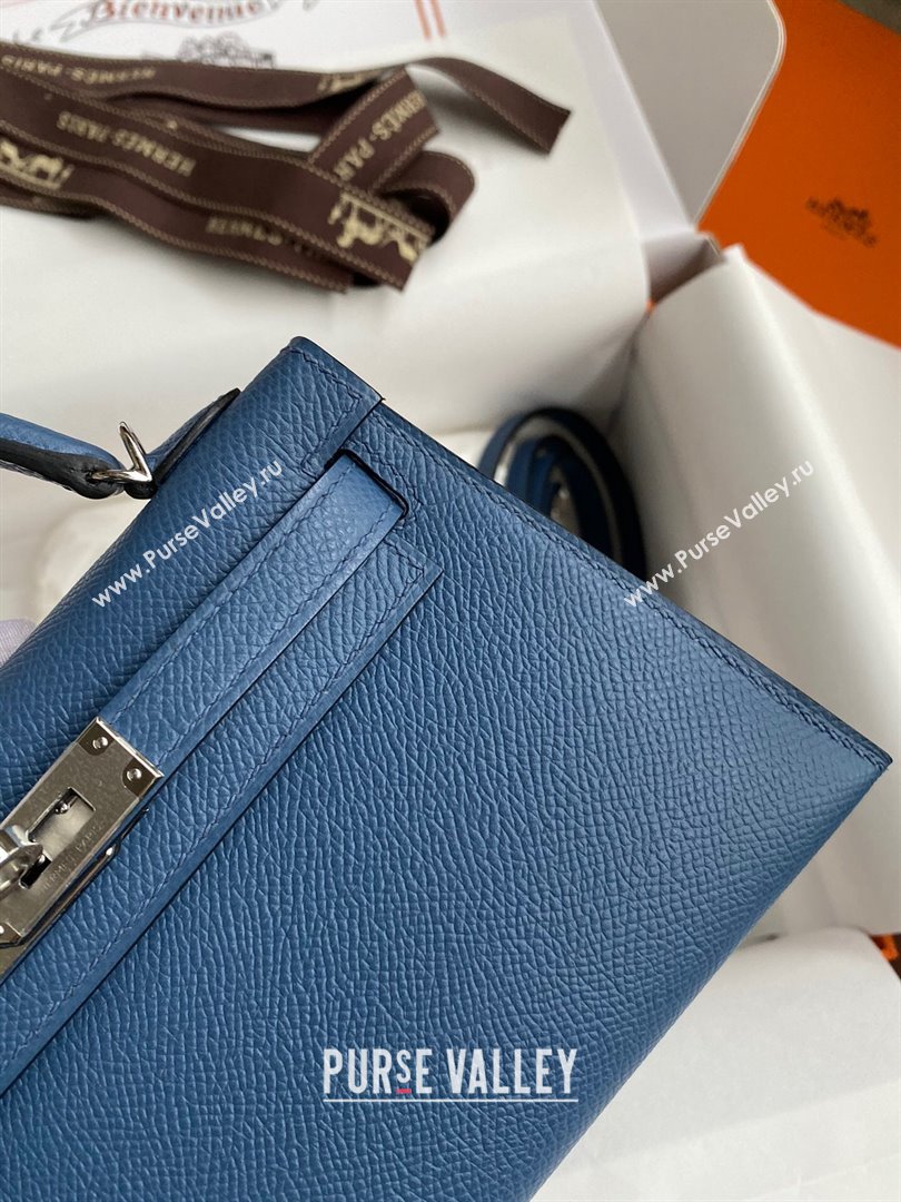 Hermes Mini Kelly II Bag 19cm in Original Epsom Leather Agate Blue/Silver 2024 (Full Handmade) (XYA-24022930)