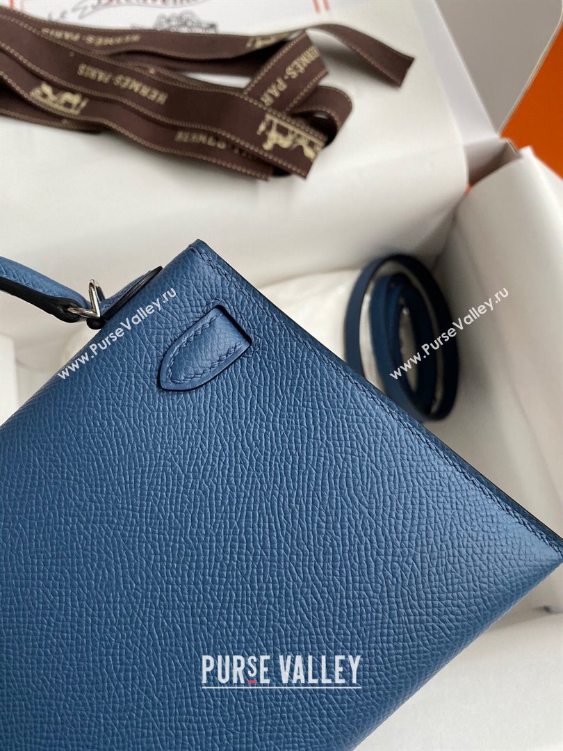 Hermes Mini Kelly II Bag 19cm in Original Epsom Leather Agate Blue/Silver 2024 (Full Handmade) (XYA-24022930)