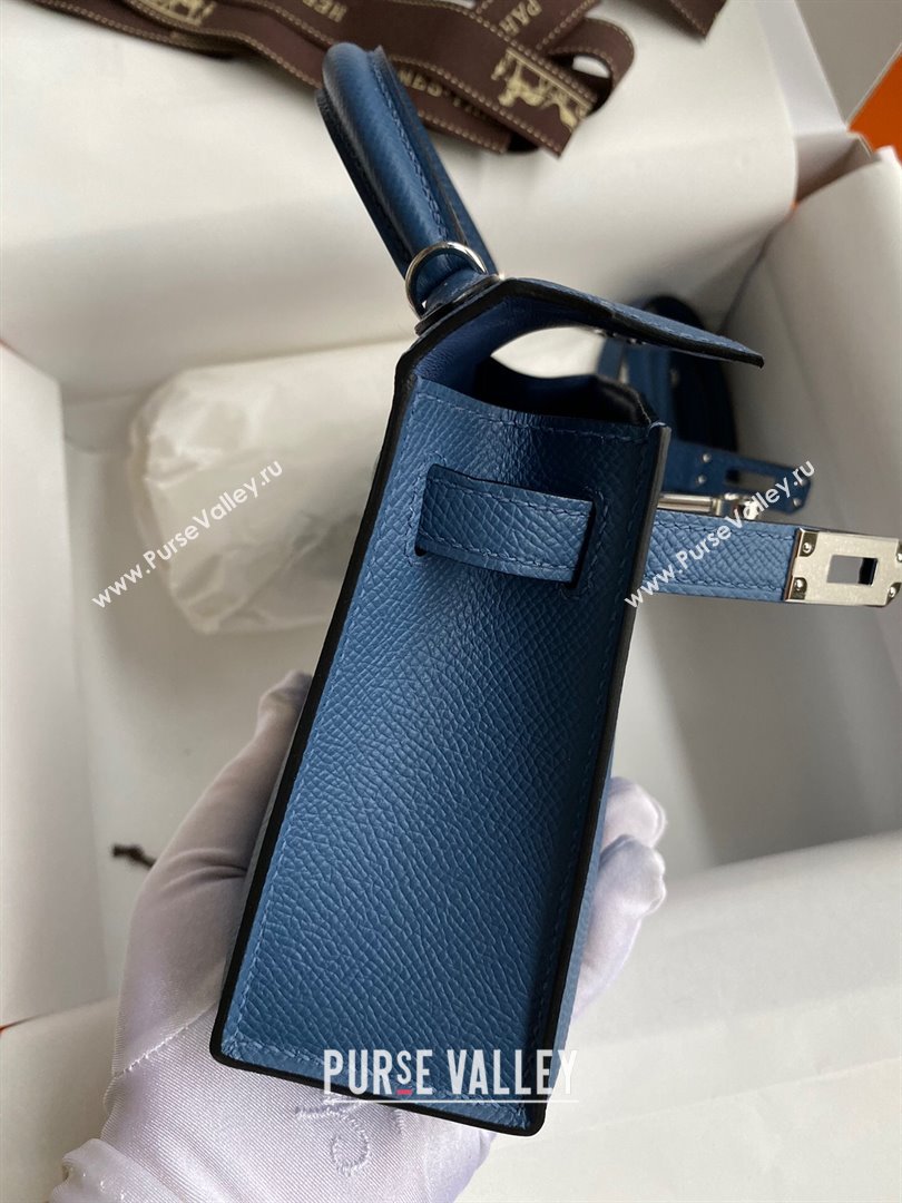 Hermes Mini Kelly II Bag 19cm in Original Epsom Leather Agate Blue/Silver 2024 (Full Handmade) (XYA-24022930)