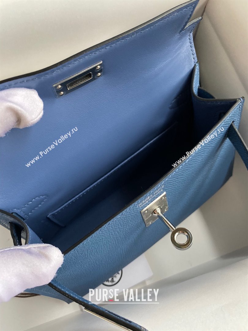 Hermes Mini Kelly II Bag 19cm in Original Epsom Leather Agate Blue/Silver 2024 (Full Handmade) (XYA-24022930)
