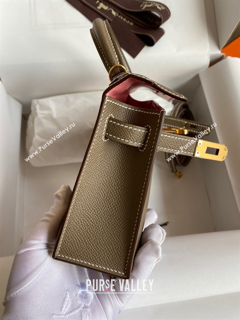 Hermes Mini Kelly II Bag 19cm in Original Epsom Leather Etoupe/Pink/Gold 2024 (Full Handmade) (XYA-24022909)