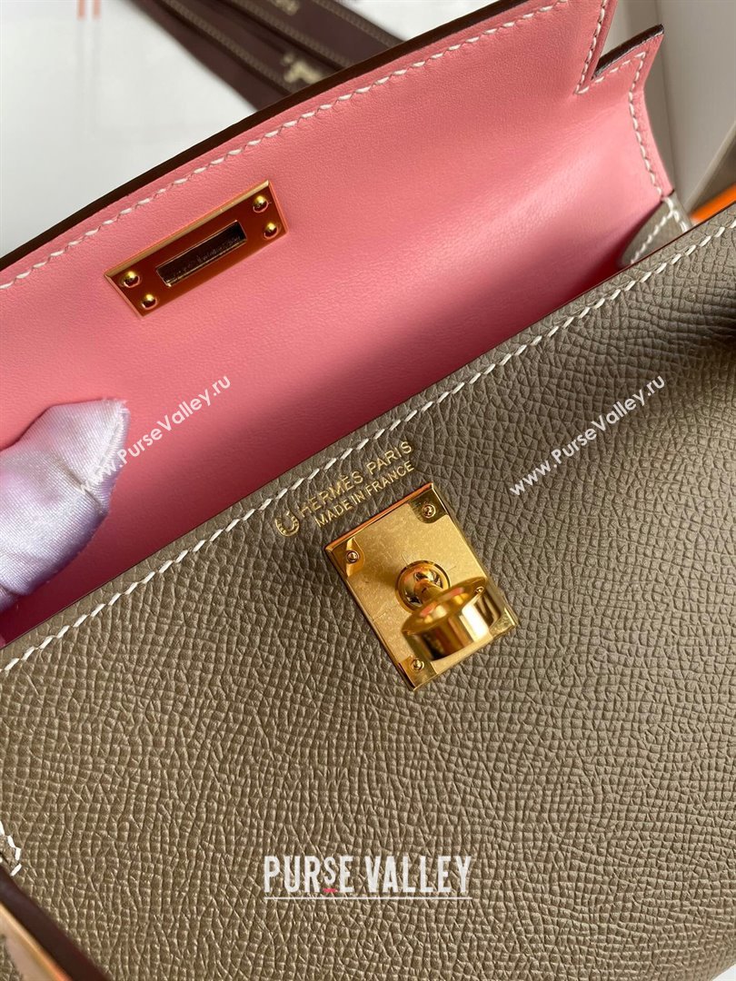 Hermes Mini Kelly II Bag 19cm in Original Epsom Leather Etoupe/Pink/Gold 2024 (Full Handmade) (XYA-24022909)