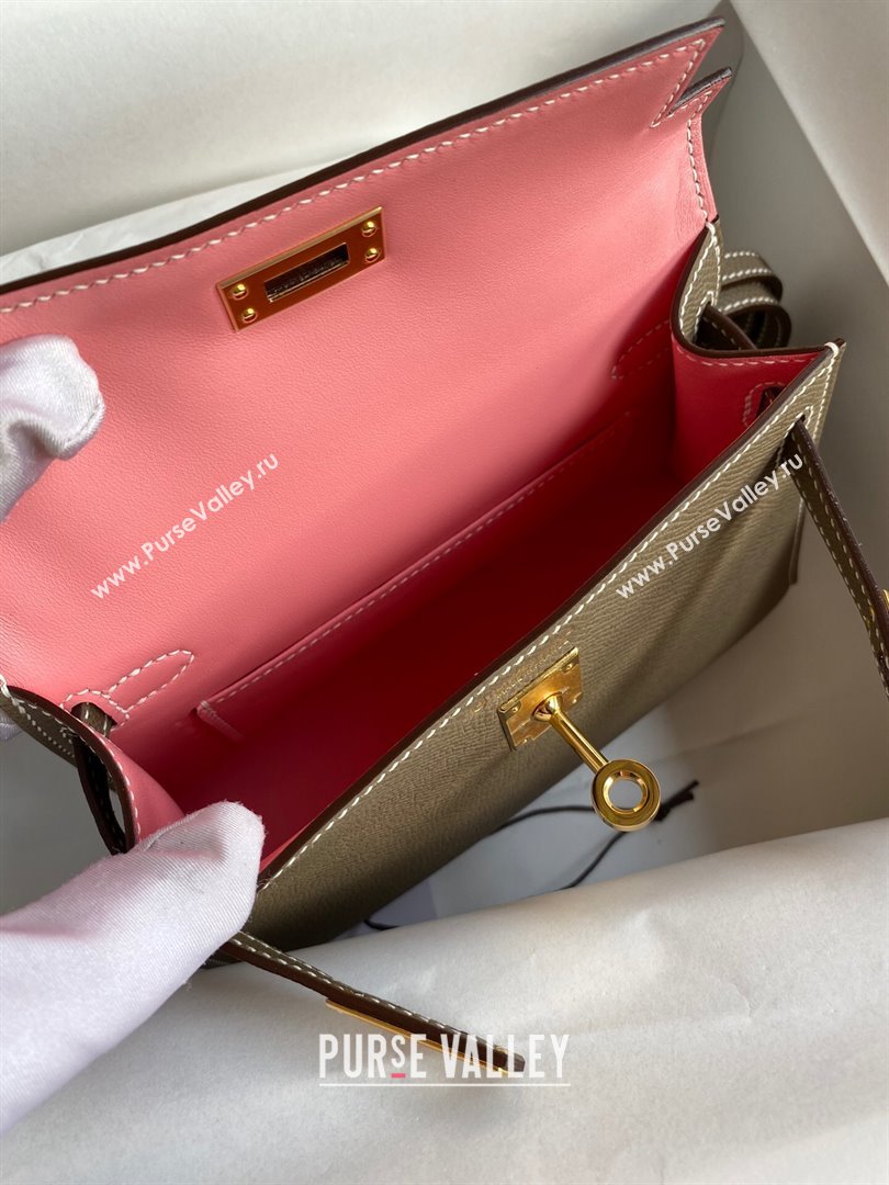 Hermes Mini Kelly II Bag 19cm in Original Epsom Leather Etoupe/Pink/Gold 2024 (Full Handmade) (XYA-24022909)