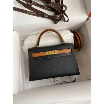 Hermes Mini Kelly II Bag 19cm in Original Epsom Leather Black/Brown/Gold 2024 (Full Handmade) (XYA-24030101)