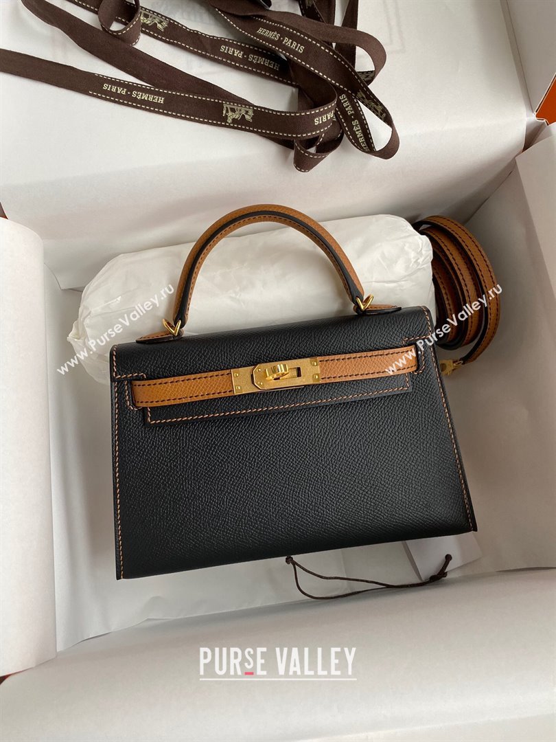 Hermes Mini Kelly II Bag 19cm in Original Epsom Leather Black/Brown/Gold 2024 (Full Handmade) (XYA-24030101)