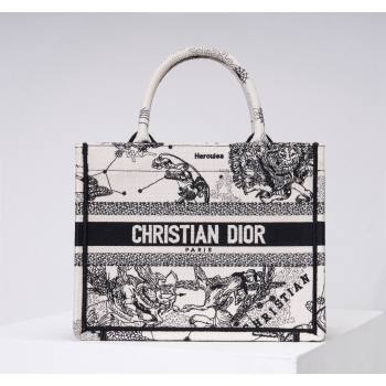 Dior Medium/Large Book Tote Bag in White and Black Toile de Jouy Zodiac Embroidery 2024 (DMZ-240312063)