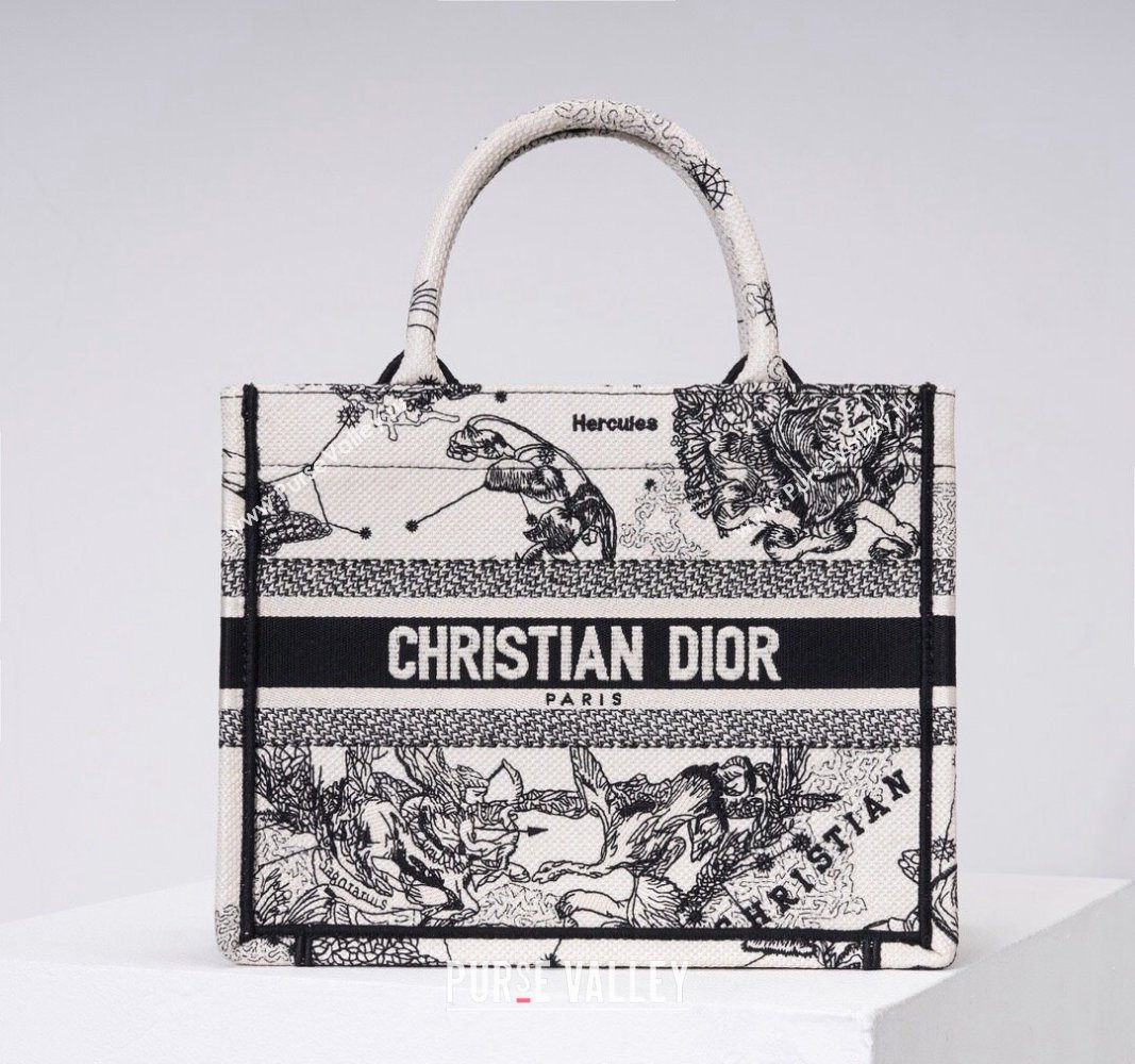 Dior Medium/Large Book Tote Bag in White and Black Toile de Jouy Zodiac Embroidery 2024 (DMZ-240312063)