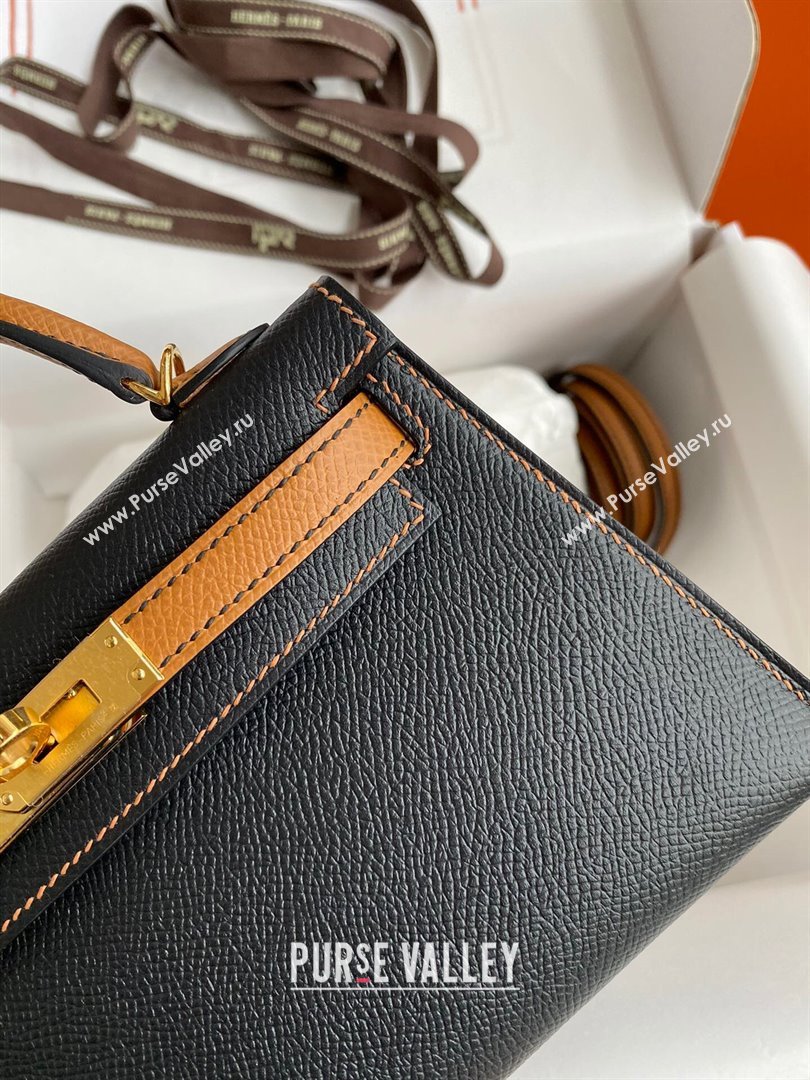 Hermes Mini Kelly II Bag 19cm in Original Epsom Leather Black/Brown/Gold 2024 (Full Handmade) (XYA-24030101)