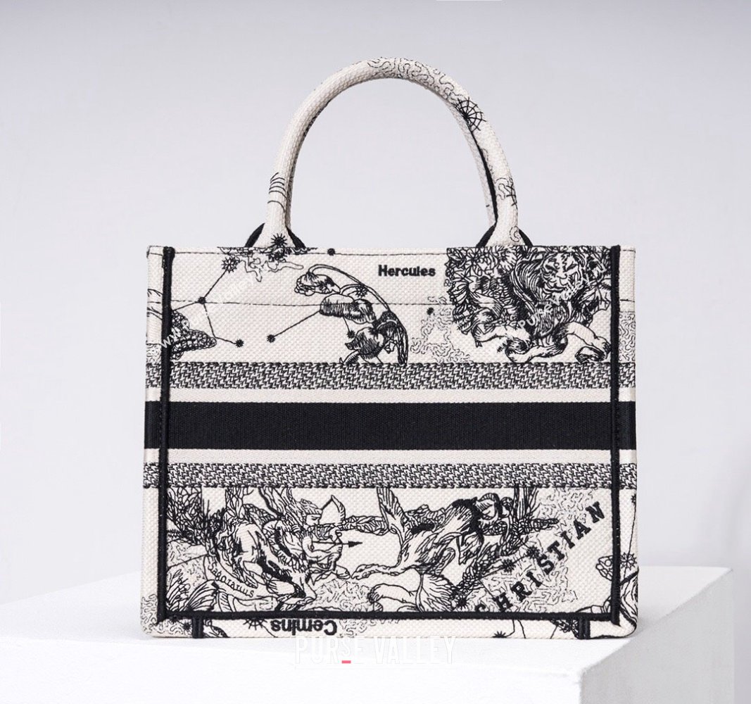 Dior Medium/Large Book Tote Bag in White and Black Toile de Jouy Zodiac Embroidery 2024 (DMZ-240312063)