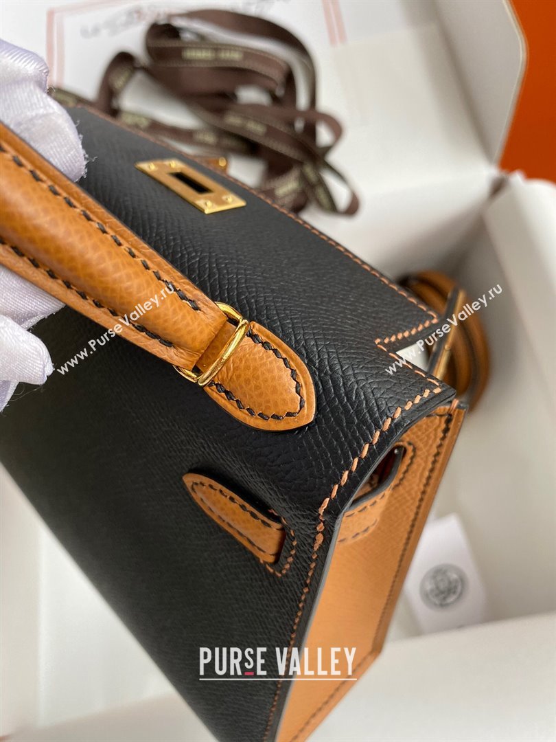 Hermes Mini Kelly II Bag 19cm in Original Epsom Leather Black/Brown/Gold 2024 (Full Handmade) (XYA-24030101)