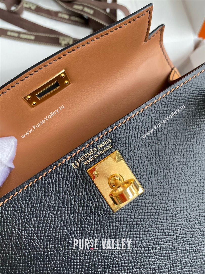 Hermes Mini Kelly II Bag 19cm in Original Epsom Leather Black/Brown/Gold 2024 (Full Handmade) (XYA-24030101)