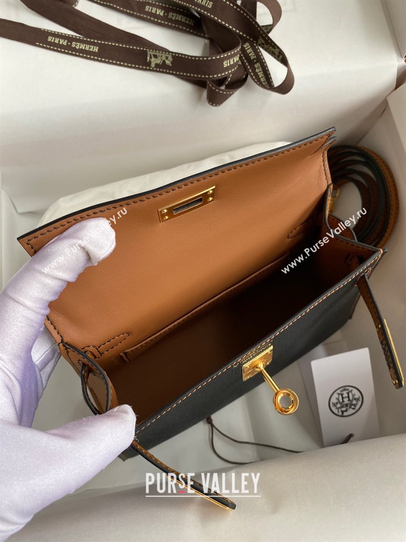 Hermes Mini Kelly II Bag 19cm in Original Epsom Leather Black/Brown/Gold 2024 (Full Handmade) (XYA-24030101)