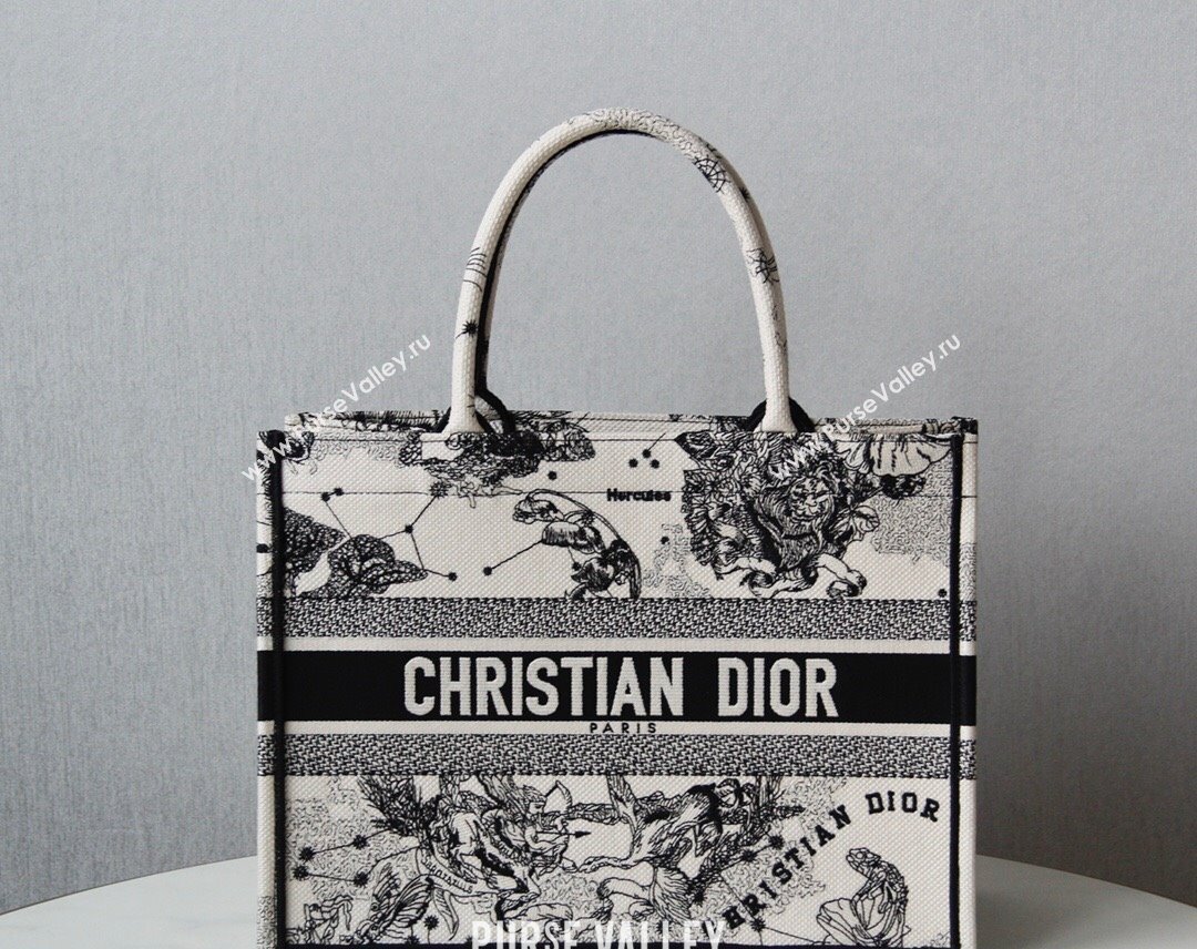 Dior Small Book Tote Bag in White and Black Toile de Jouy Zodiac Embroidery 2024 (DMZ-240312064)