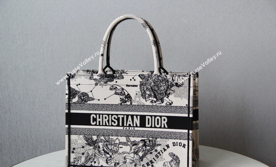 Dior Small Book Tote Bag in White and Black Toile de Jouy Zodiac Embroidery 2024 (DMZ-240312064)