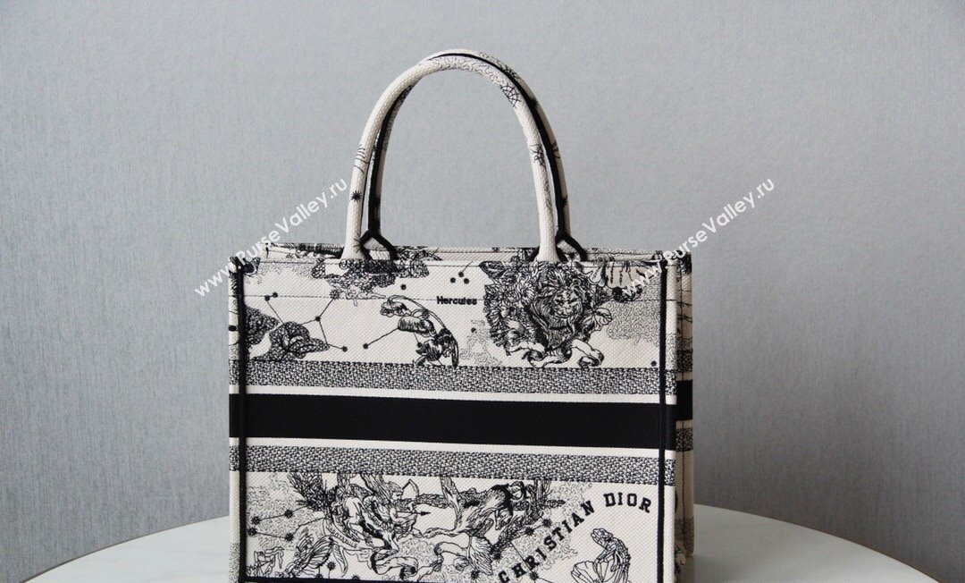 Dior Small Book Tote Bag in White and Black Toile de Jouy Zodiac Embroidery 2024 (DMZ-240312064)