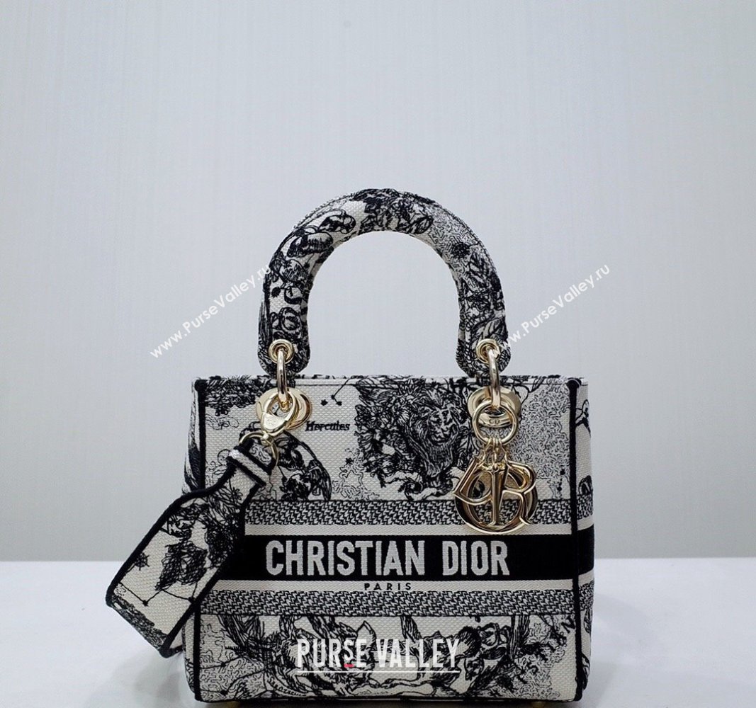 Dior Medium Lady D-Lite Bag in White and Black Toile de Jouy Zodiac Embroidery 2024 (DMZ-240312065)