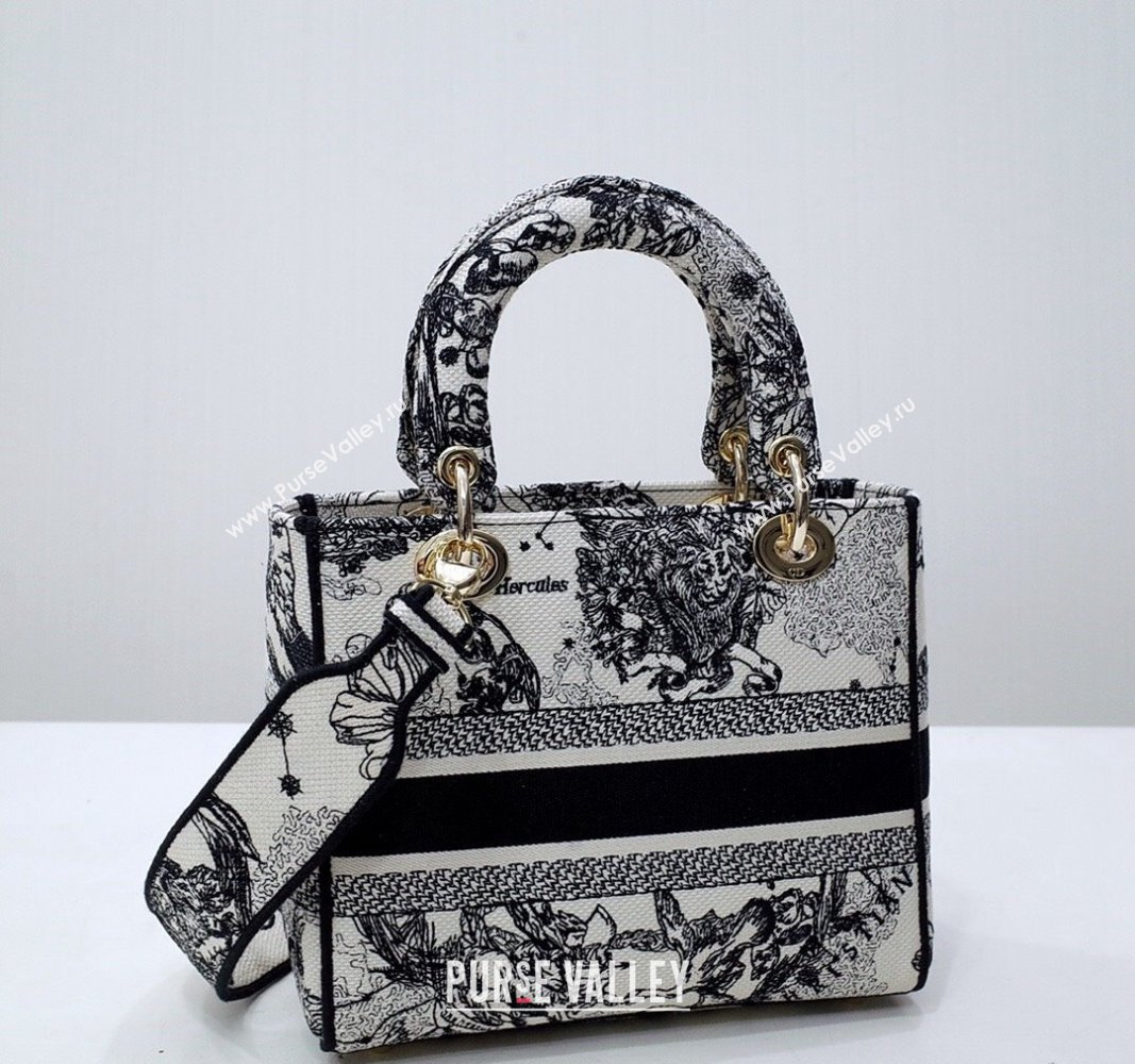 Dior Medium Lady D-Lite Bag in White and Black Toile de Jouy Zodiac Embroidery 2024 (DMZ-240312065)