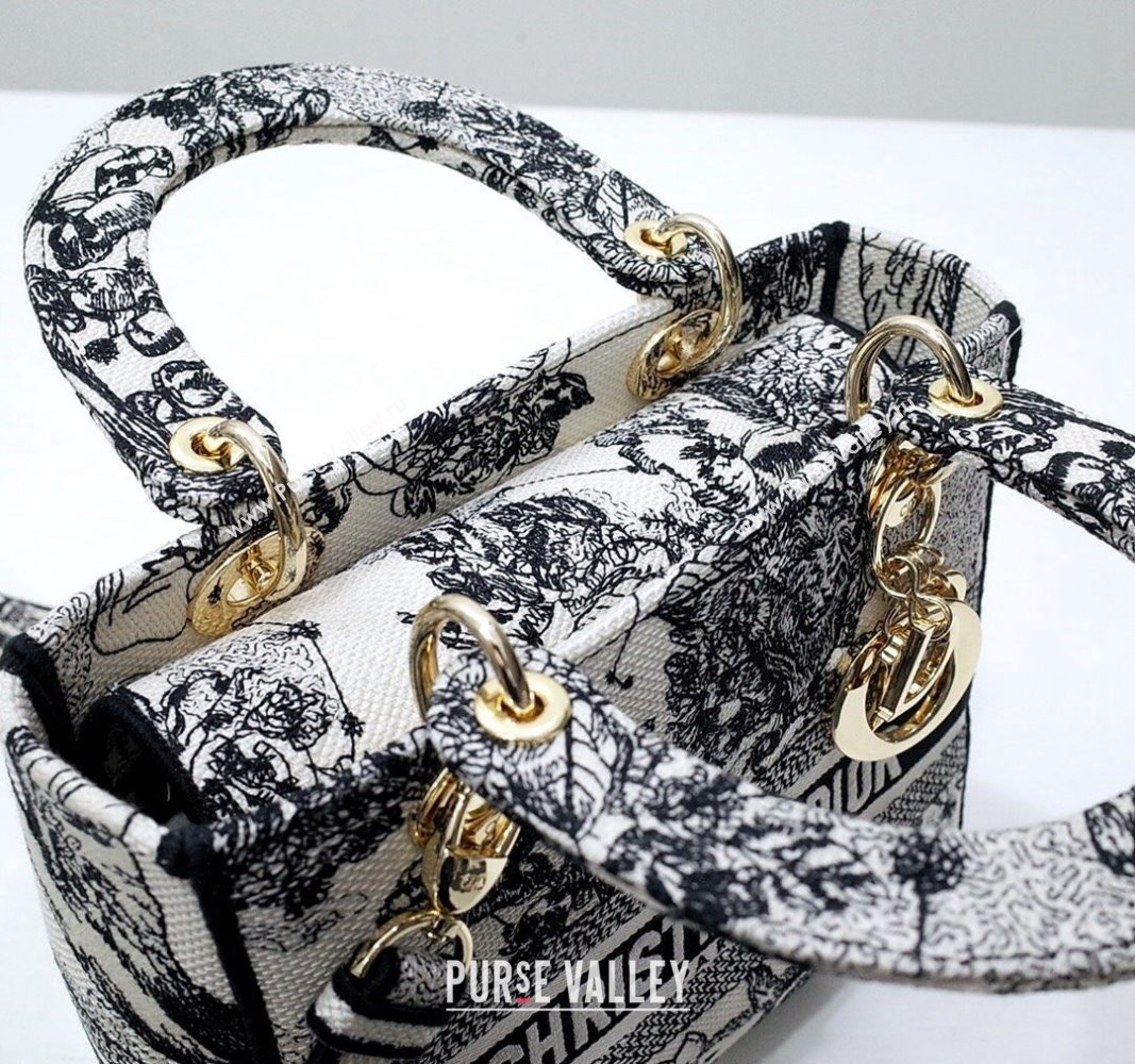 Dior Medium Lady D-Lite Bag in White and Black Toile de Jouy Zodiac Embroidery 2024 (DMZ-240312065)