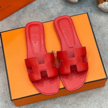 Hermes Oran Classic Flat Slides Sandal in Swift Leather Red 2025 H02272 (MD-250227019)