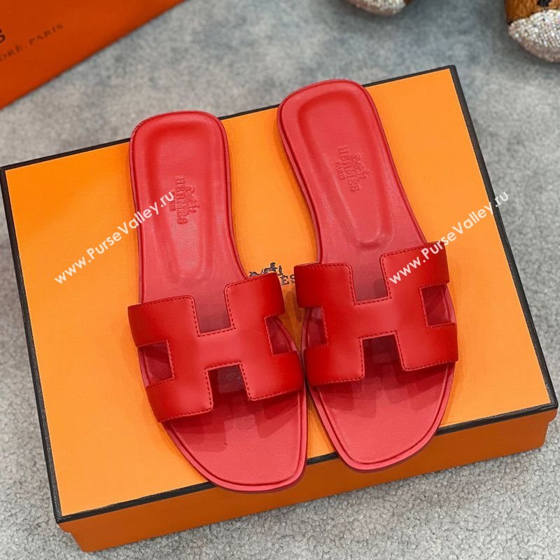 Hermes Oran Classic Flat Slides Sandal in Swift Leather Red 2025 H02272 (MD-250227019)