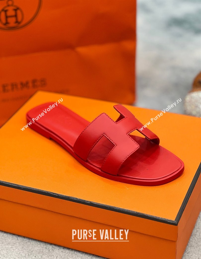 Hermes Oran Classic Flat Slides Sandal in Swift Leather Red 2025 H02272 (MD-250227019)