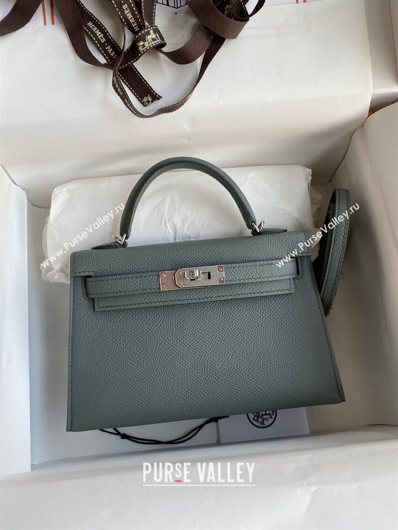Hermes Mini Kelly II Bag 19cm in Original Epsom Leather Almond Green/Silver 2024 (Full Handmade) (XYA-24030107)