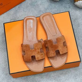 Hermes Oran Classic Flat Slides Sandal in Suede Brown 2025 H02272 (MD-250227023)